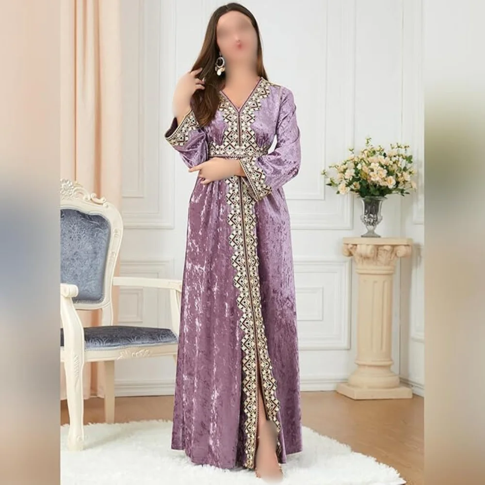 Moroccan Embroidered Velvet Women Kaftan Long Sleeve V-Neck