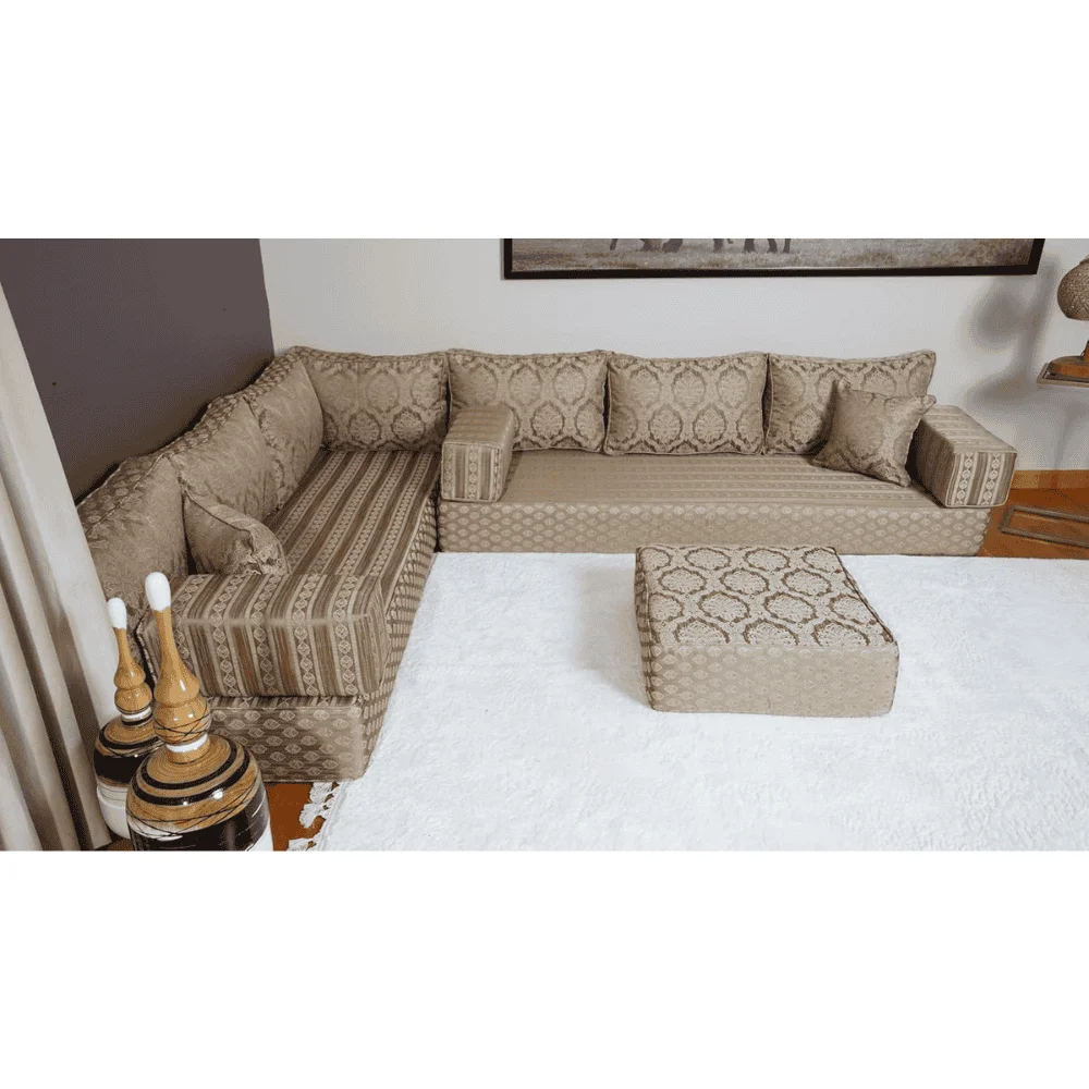 8” L-Shaped Moroccan Floor Sofa Set with Ottoman & Pillows