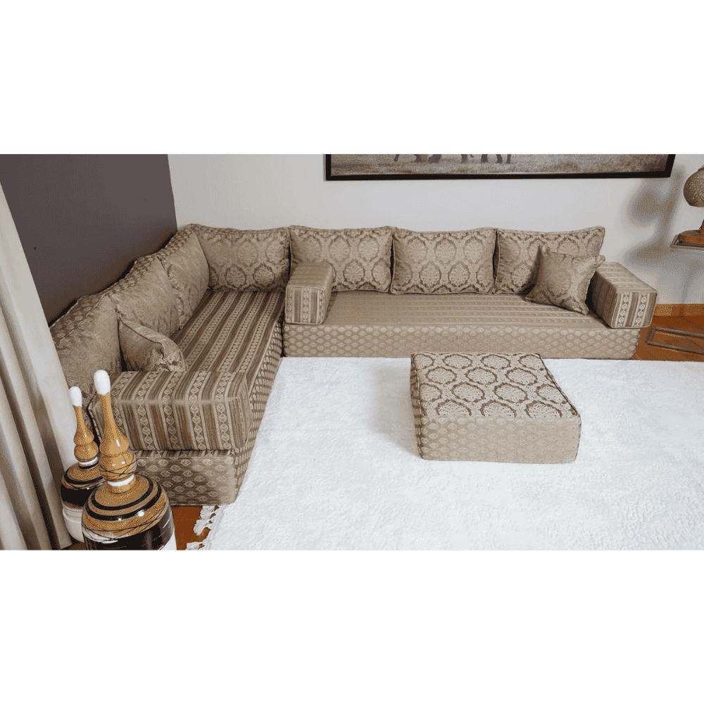 8” L-Shaped Moroccan Floor Sofa Set with Ottoman & Pillows