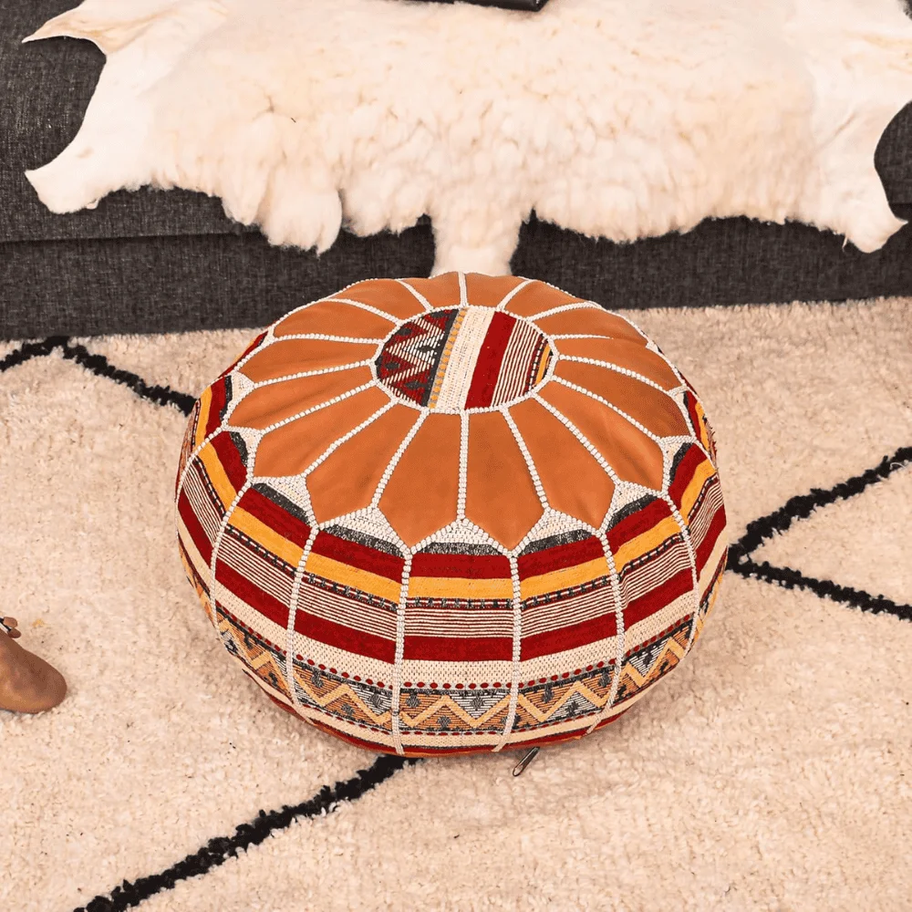 Handmade Moroccan Pouf Ottoman Boho Linen & Leather Footrest