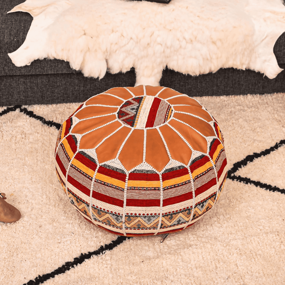 Handmade Moroccan Pouf Ottoman Boho Linen & Leather Footrest