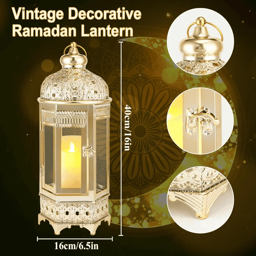 Moroccan Candle Lantern Gold Hexagonal Holder Tempered Glass