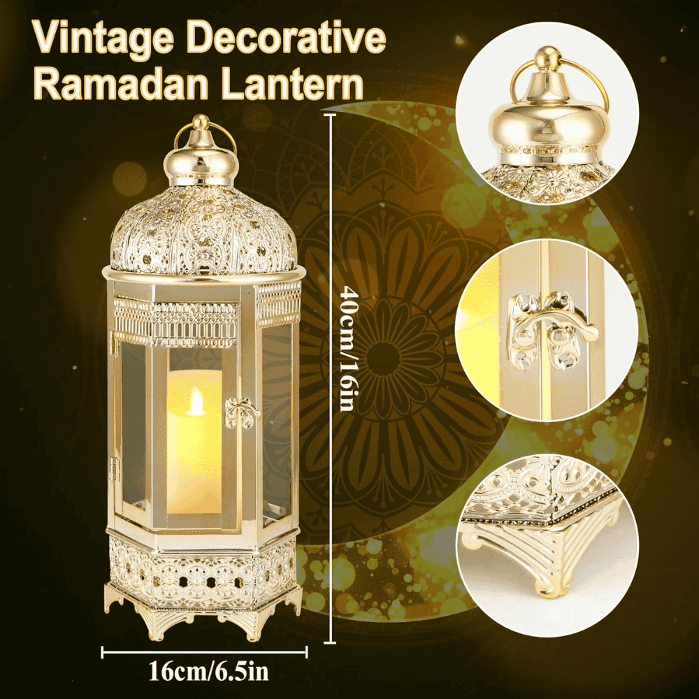 Moroccan Candle Lantern Gold Hexagonal Holder Tempered Glass