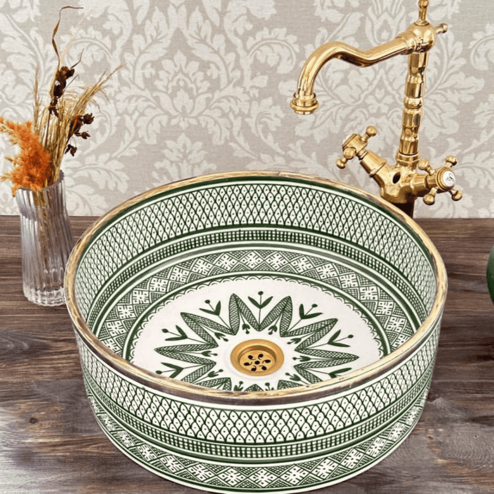 Handmade Moroccan Ceramic Vessel Sink in Green –Rustic Style