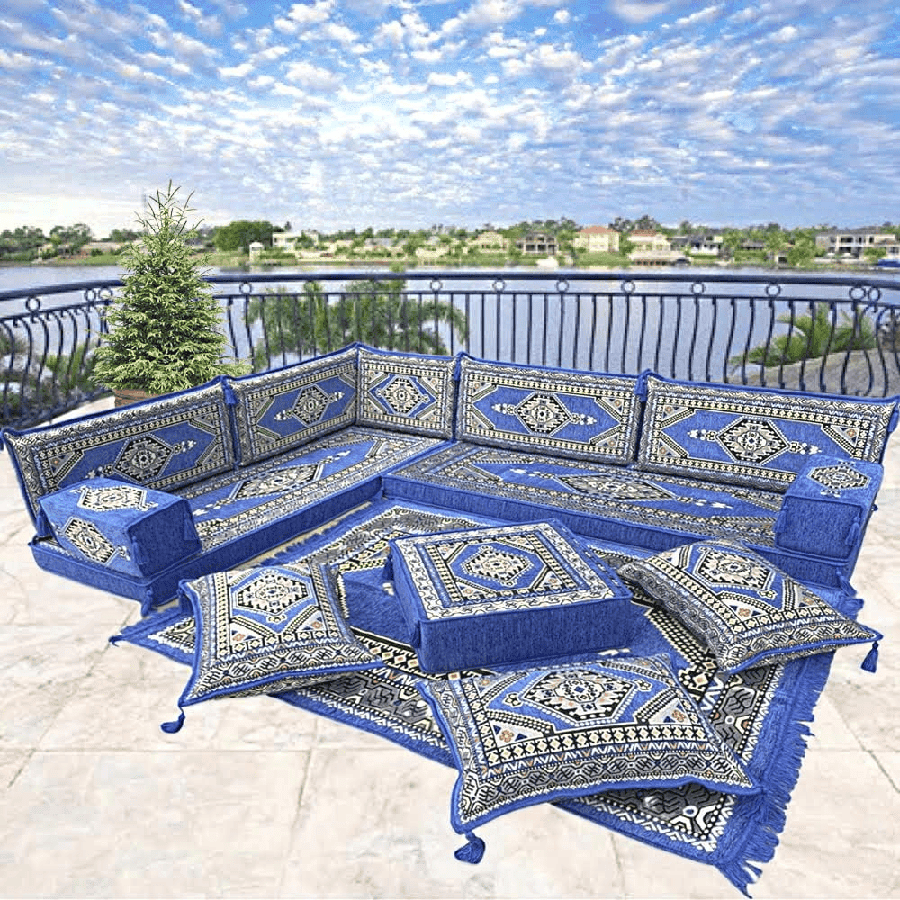 Moroccan Majlis L-Shaped Floor Sofa - Blue Geometric Design