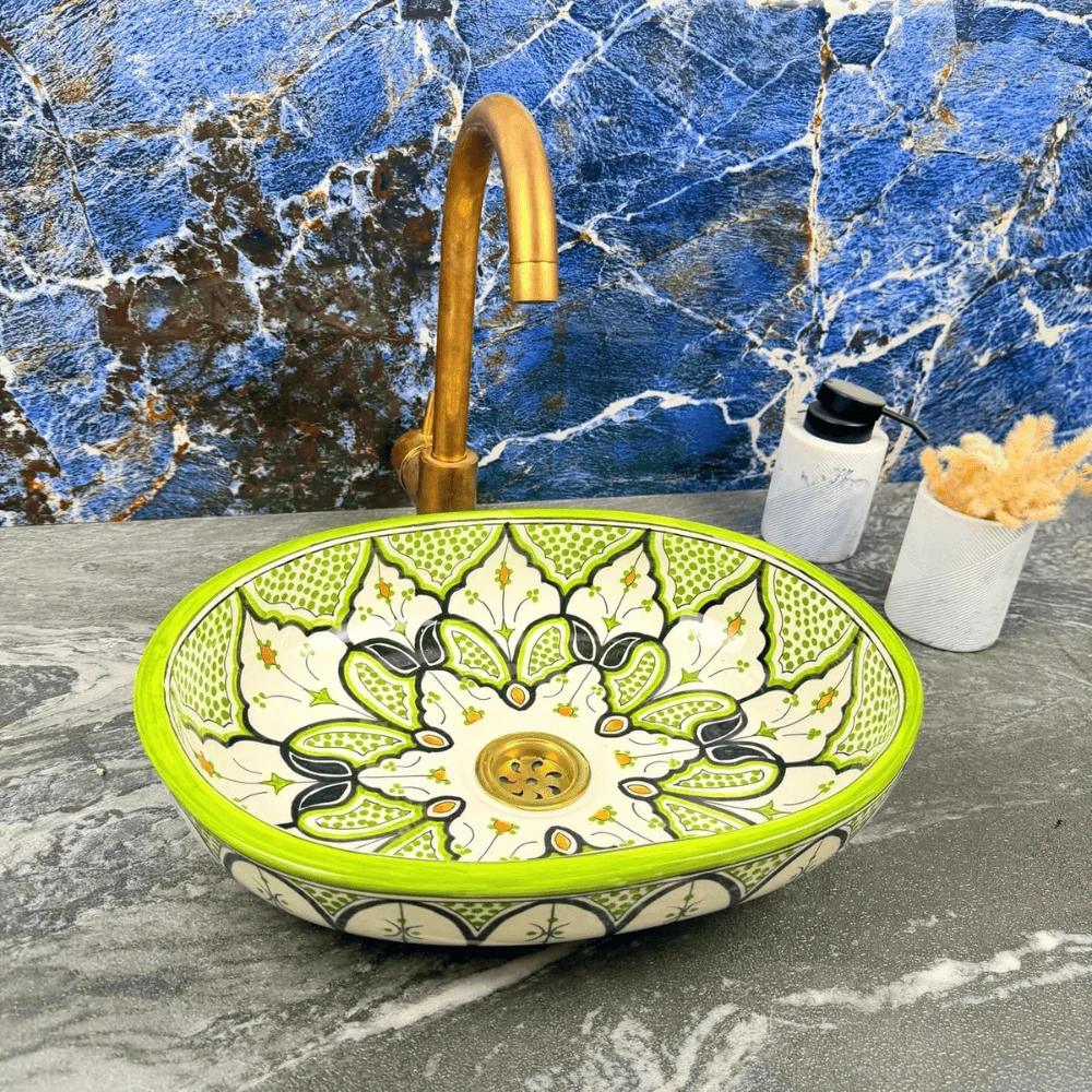 Green Oval Ceramic Vessel Sink Moroccan Handcrafted Basin
