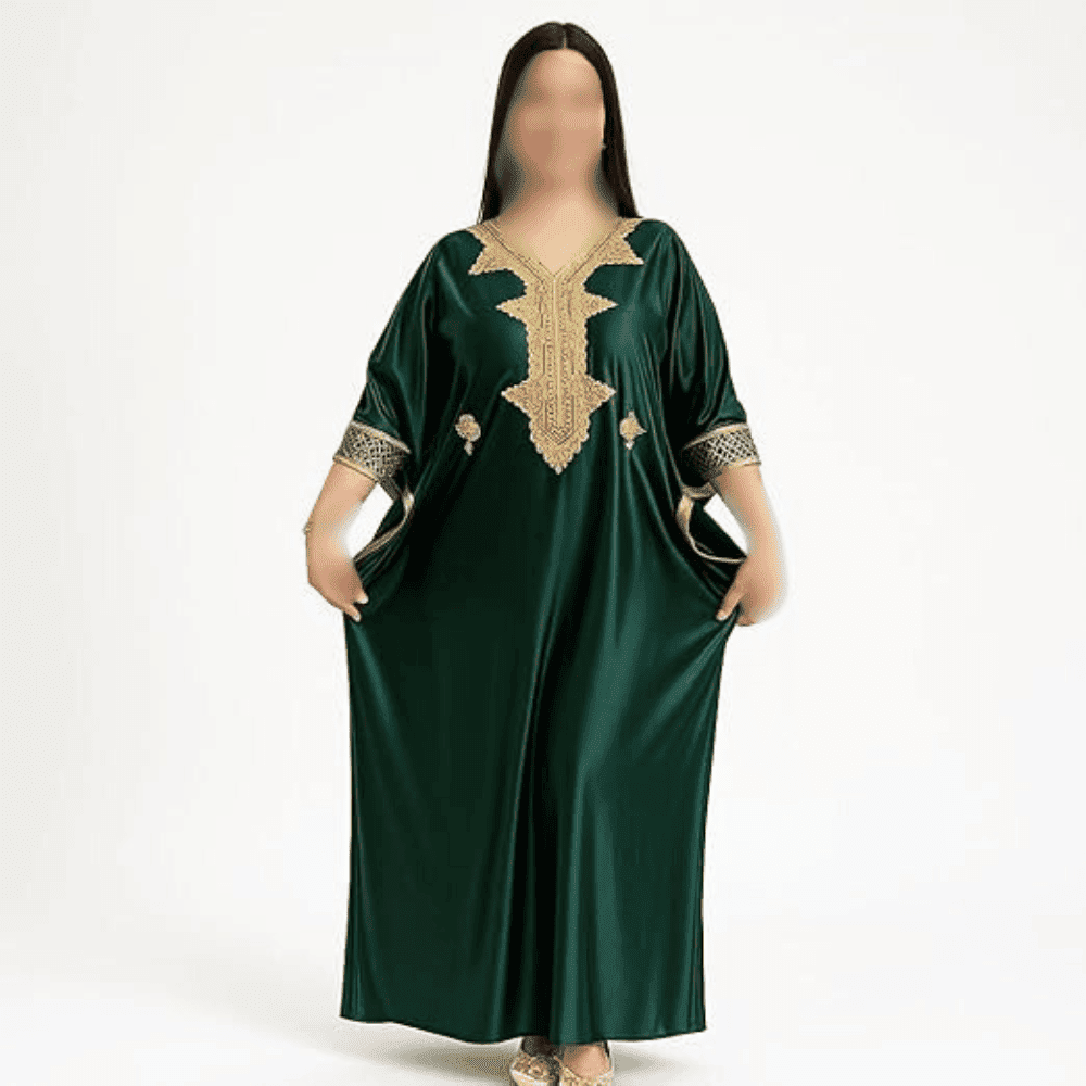 Green Velvet Moroccan Caftan |Handmade Embroidered Maxi Gown