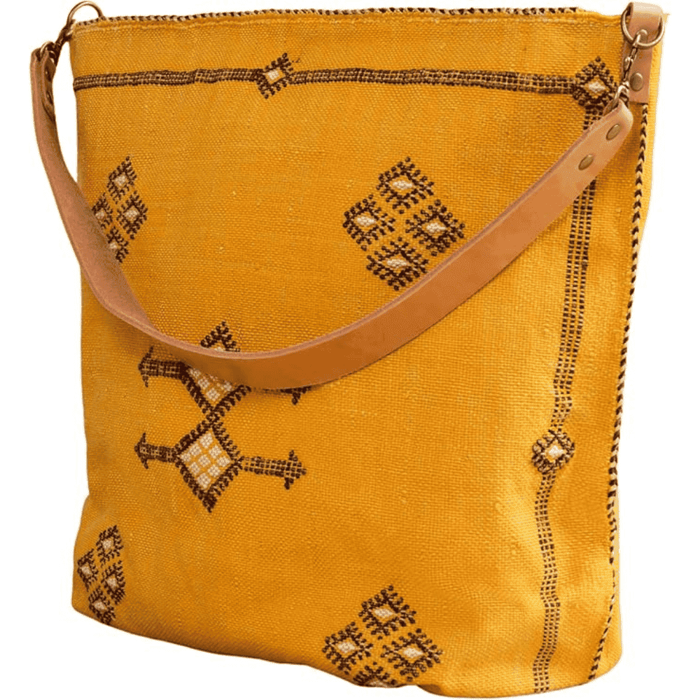 Handcrafted Moroccan Cactus Silk Tote Bag -Leather Straps