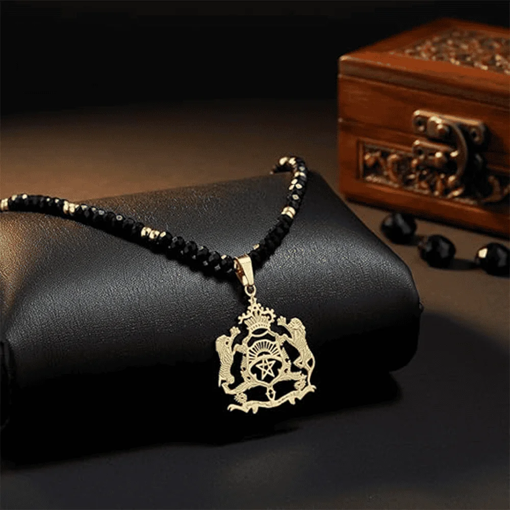 18K Gold Moroccan Emblem Pendant Necklace with Crystal Chain