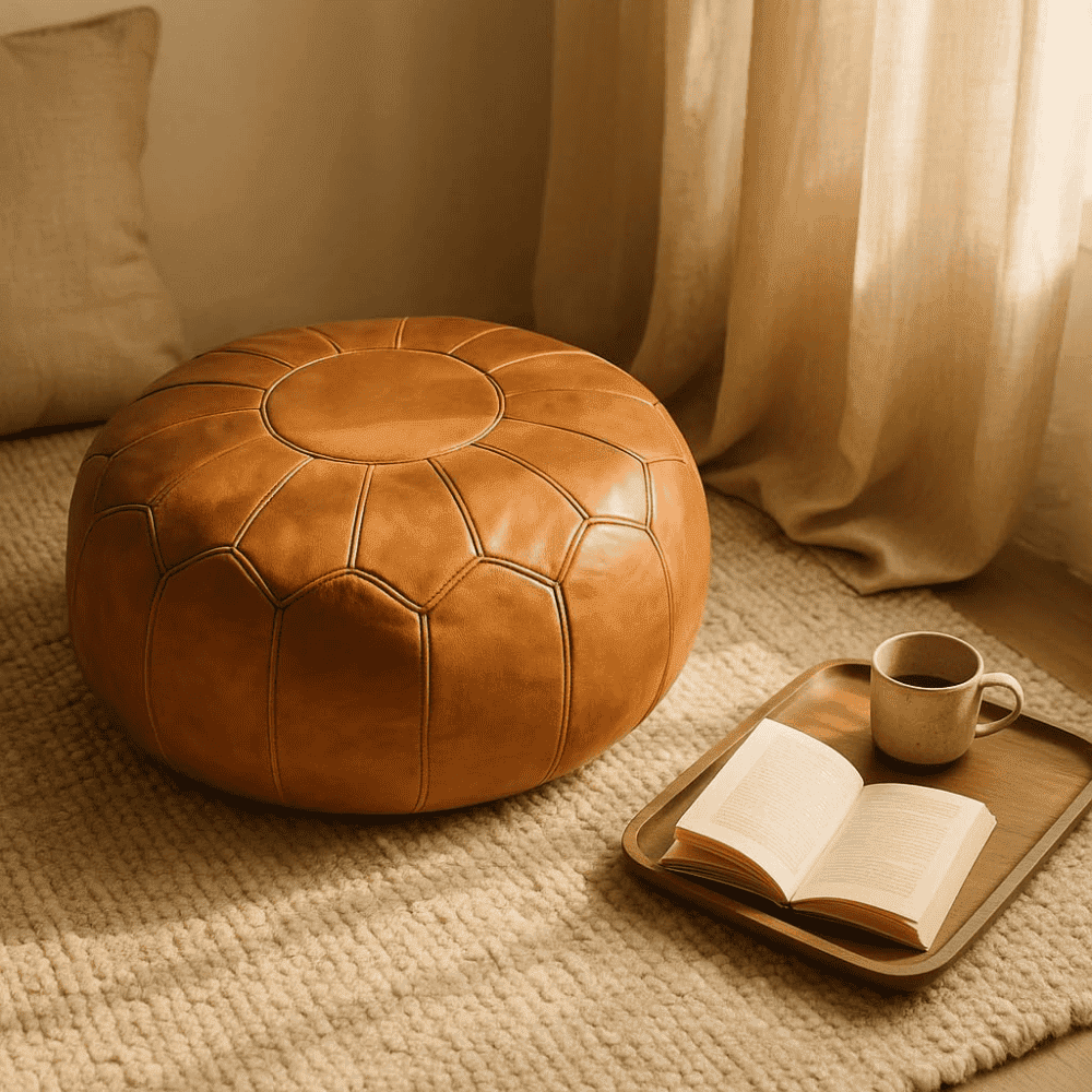 Handmade Moroccan Leather Ottoman Pouf | Boho Home Decor